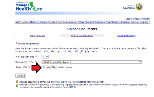Screenshot of Upload Documents page with arrow pointing to Choose File button. Screenshot of Upload Documents page with arrow pointing to Choose File button.